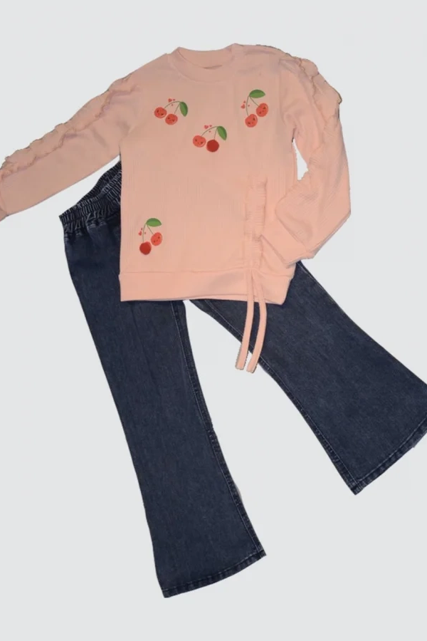 4-5-6 Yaş Kot Pantolonlu Kiraz Desenli Penye Sweat Uzun Kollu 2li Kız Çocuk Takımı