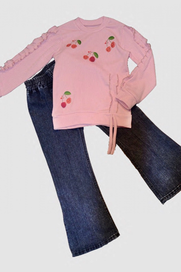 4-5-6 Yaş Kot Pantolonlu Kiraz Desenli Penye Sweat Uzun Kollu 2li Kız Çocuk Takımı Pembe