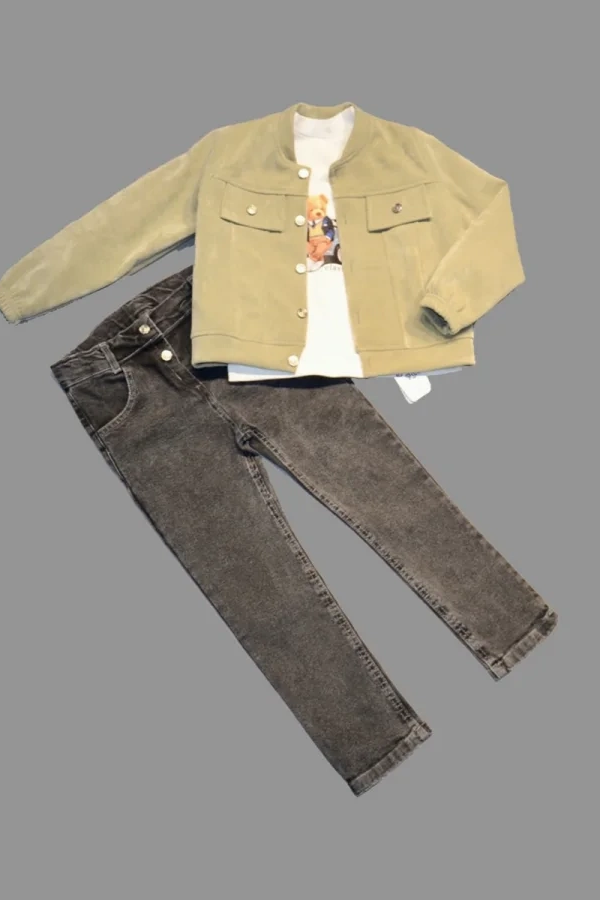 4-5-6 Yaş Kot Pantolonlu Nubukceketli Uzun Kollu Penye Sweat 3lü Erkek Çocuk Takımı