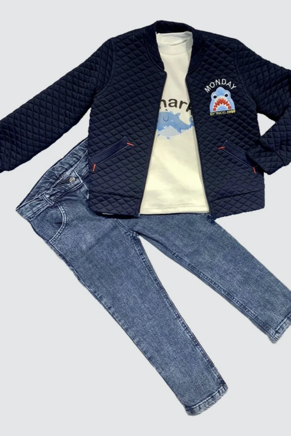 4-5-6 Yaş Kot Pantolonlu Pilot Mont Uzun Kollu Penye Sweat 3lü Erkek Çocuk Takımı