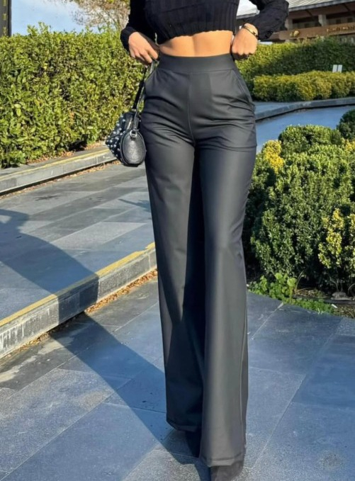 Kadın Yüksek Bel Cepli şardonlu Geniş Paçalı Mat Deri Pantolon - Görsel 3