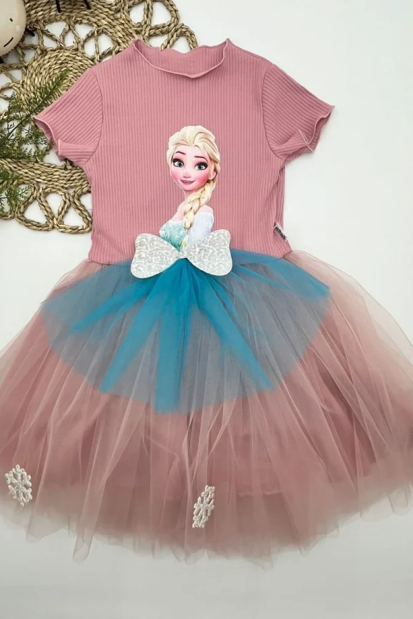 5-6-7 Yaş Elsa Desenli Fiyonklu Tül Etekli Astarlı Kısa Kollu Kız Çocuk Tütü Elbise
