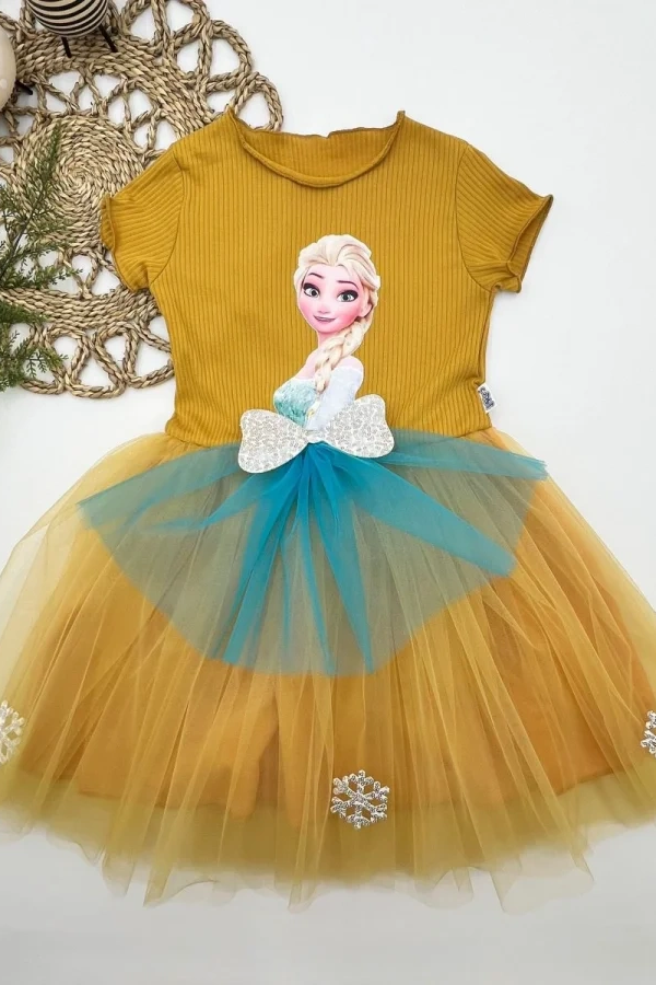 5-6-7 Yaş Elsa Desenli Fiyonklu Tül Etekli Astarlı Kısa Kollu Kız Çocuk Tütü Elbise