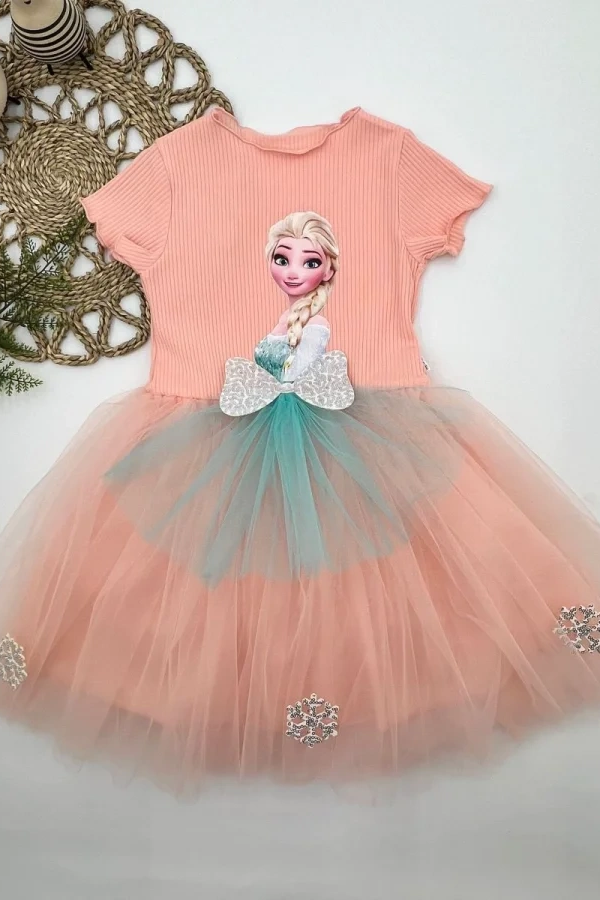 5-6-7 Yaş Elsa Desenli Fiyonklu Tül Etekli Astarlı Kısa Kollu Kız Çocuk Tütü Elbise