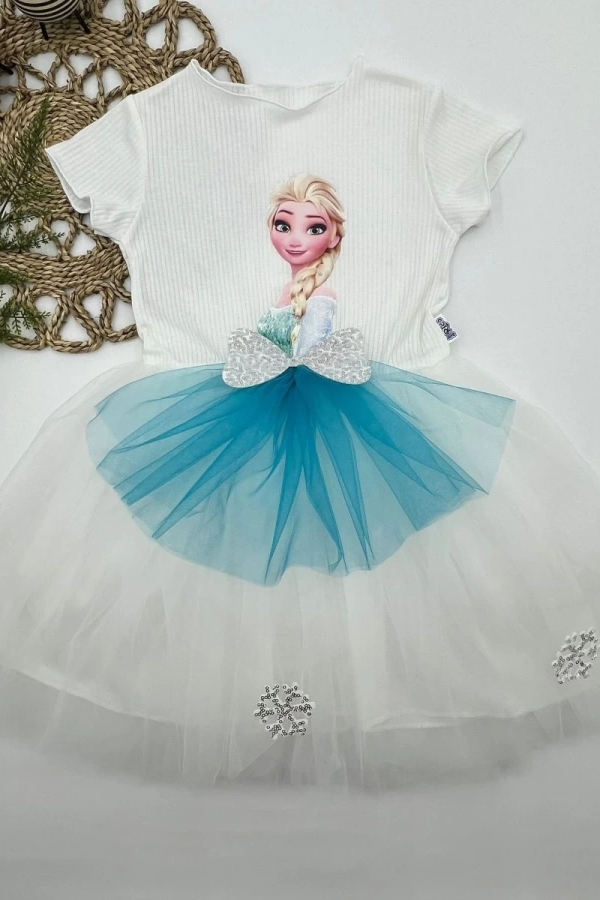 5-6-7 Yaş Elsa Desenli Fiyonklu Tül Etekli Astarlı Kısa Kollu Kız Çocuk Tütü Elbise Beyaz