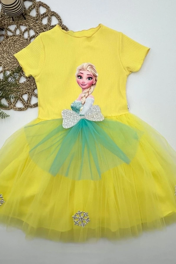 5-6-7 Yaş Elsa Desenli Fiyonklu Tül Etekli Astarlı Kısa Kollu Kız Çocuk Tütü Elbise Sarı