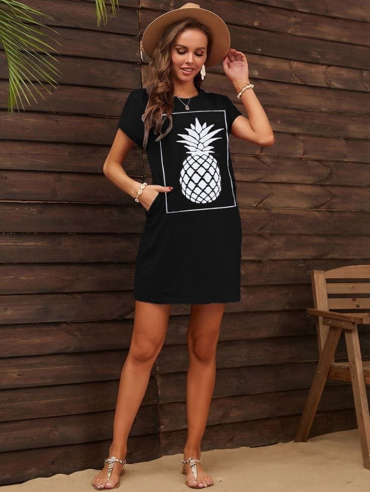 Kadın Ananas Baskılı Kısa Kol Viskon Elbise - Görsel 5
