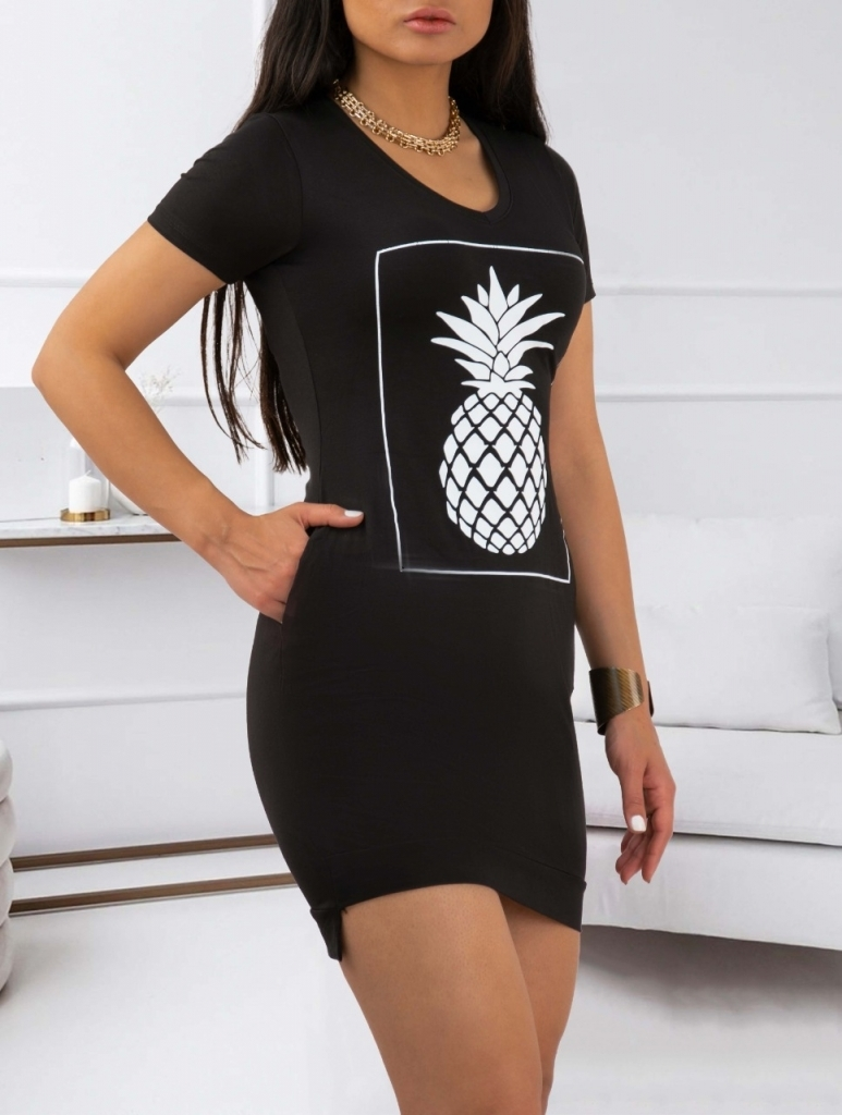 Kadın Ananas Baskılı Kısa Kol Viskon Elbise - Görsel 2