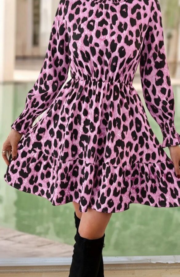 Kadın Uzun Kollu Yarı Balıkçı Yaka Leopar Desenli Modal Mini Elbise
