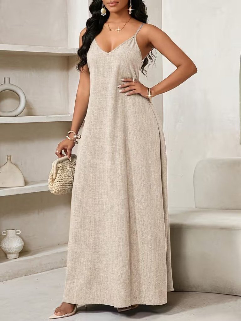 Kadın Ip Askılı V Yakalı Cep Detaylı Uzun Elbise - Görsel 5
