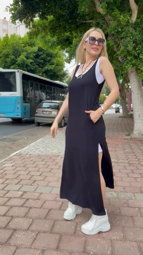 Kadın Askılı Yuvarlak Yakalı Cepli Yırtmaç Detaylı Viskon Elbise Ve Atlet Ikili Takım - Görsel 8