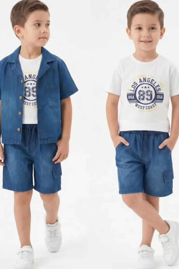 6/10 Yaş Denim Gömlek Şortlu 3lü Çocuk Takımı