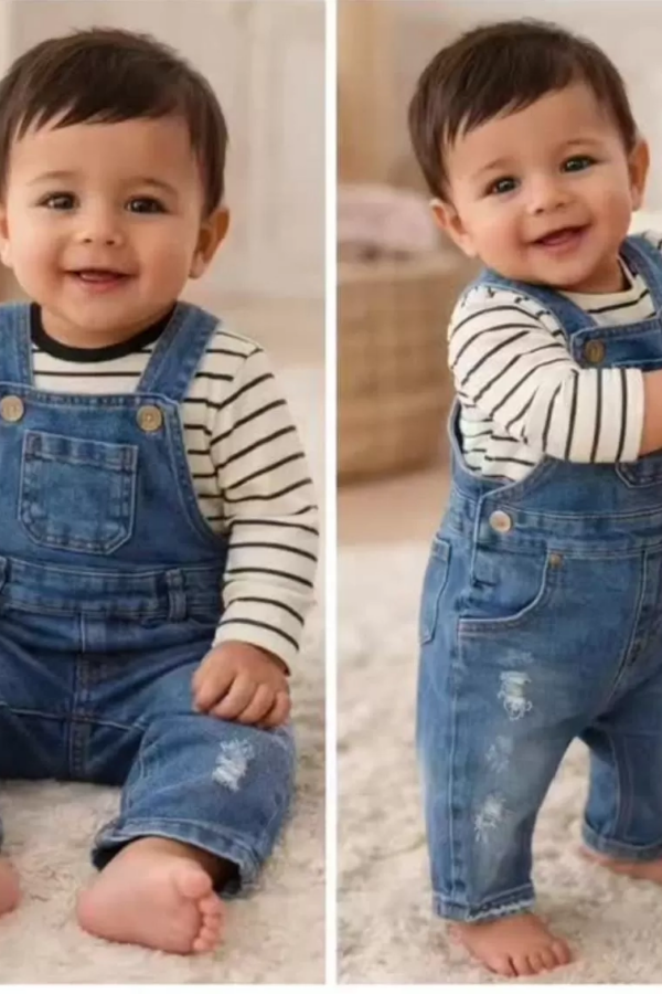 6-18 Ay Çizgili Badili Kot Salopet Bebek Takımı