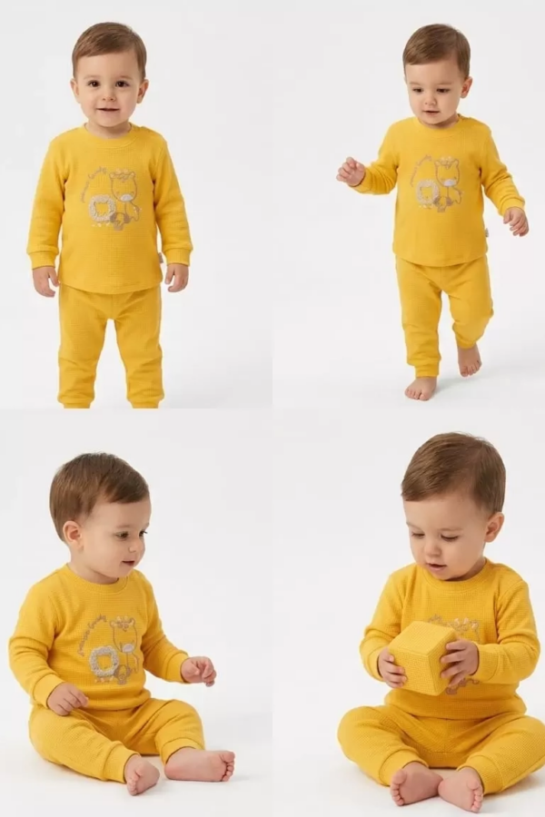 6/24 Ay Baskılı Waffle Kumaş Bebek Takımı