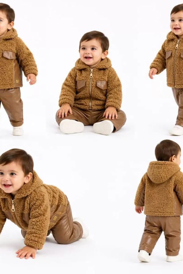 6/24 Ay Deri Detaylı Ceketli Kuzu Bebek Takımı