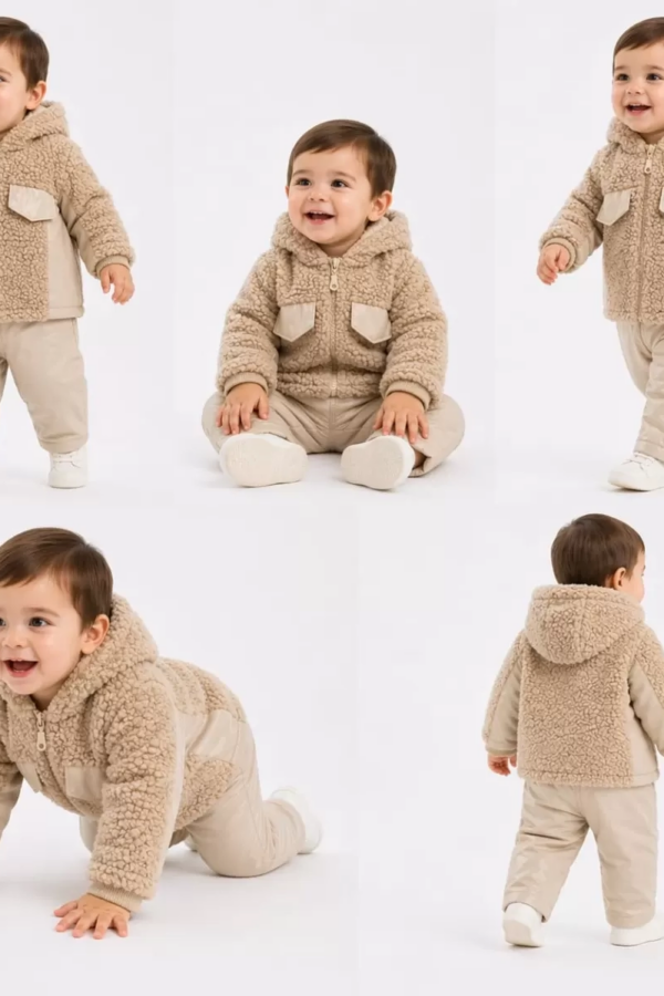 6/24 Ay Deri Detaylı Ceketli Kuzu Bebek Takımı