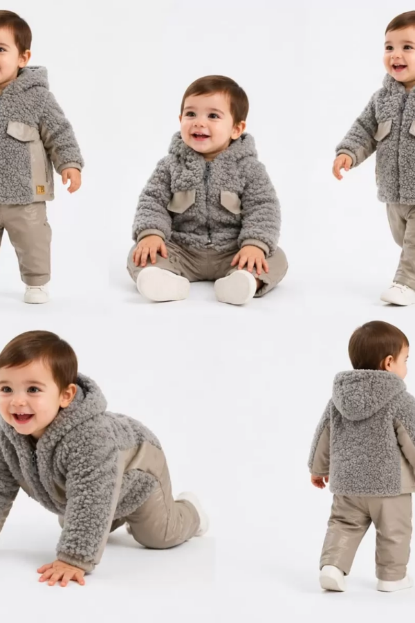 6/24 Ay Deri Detaylı Ceketli Kuzu Bebek Takımı