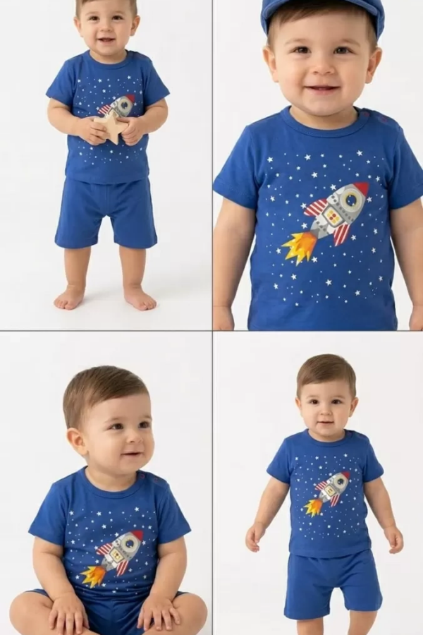 6/24 Ay Roket Baskılı 2li Bebek Takımı