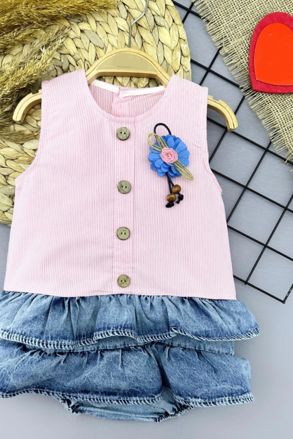 6-9-12-18 Ay Gül Rozet Detaylı Kot Kilotlu Etek Kız Bebek Elbisesi Pembe