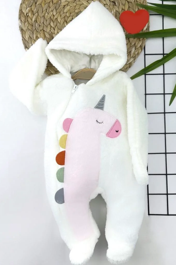 6-9-12-18 Ay Kuzu Tüylü Kumaş Unicorn Nakışlı Kapşonlu Fermuarlı Kız Erkek Bebek Tulumu