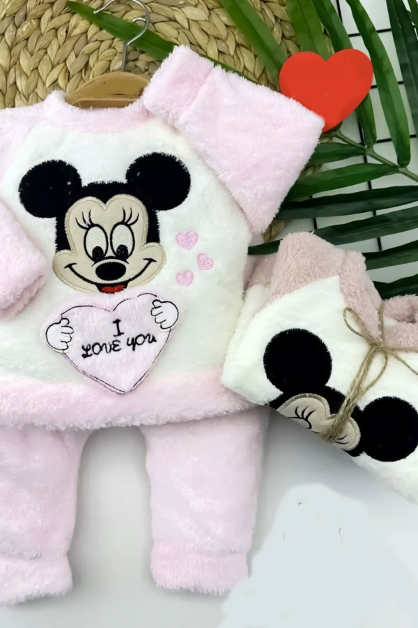 6-9-12-18 Ay Welsoft Kumaş Mickey Desenli Uzun Kollu 2li Kız Erkek Bebek Takımı