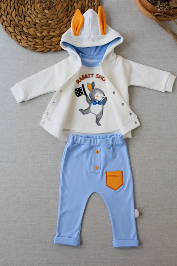 6-9-12 Ay Rabbit Şhow Nakışlı Kapşonlu Ceket Uzun Kollu Sweat Erkek Bebek 3lü Takım