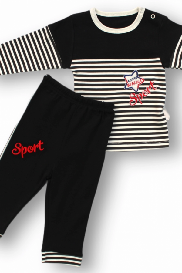 6-9 9-12 12-18 18-24 24-36 Ay Sport Baskılı Çizgili Uzun Kollu Sweatli 2li Erkek Bebek Takımı Siyah
