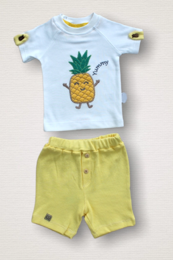 6-9 9-12 12-18 Ay Ananas Nakışlı Kısa Kollu Sweatli Şortlu 2li Kız-erkek Bebek Takımı Sarı
