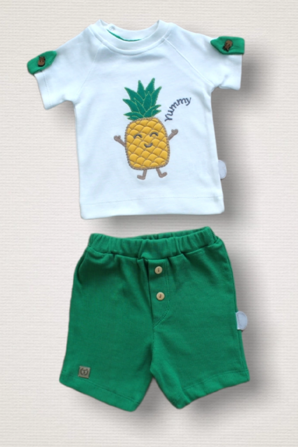 6-9 9-12 12-18 Ay Ananas Nakışlı Kısa Kollu Sweatli Şortlu 2li Kız-erkek Bebek Takımı Yeşil