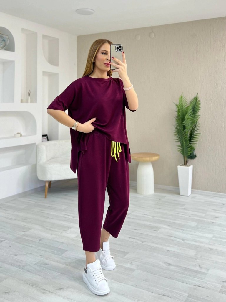 Kadın Kısa Kollu Bisiklet Yaka Viskon Iki Iplik Bluz Ve Pantolon Ikili Takım - Görsel 3
