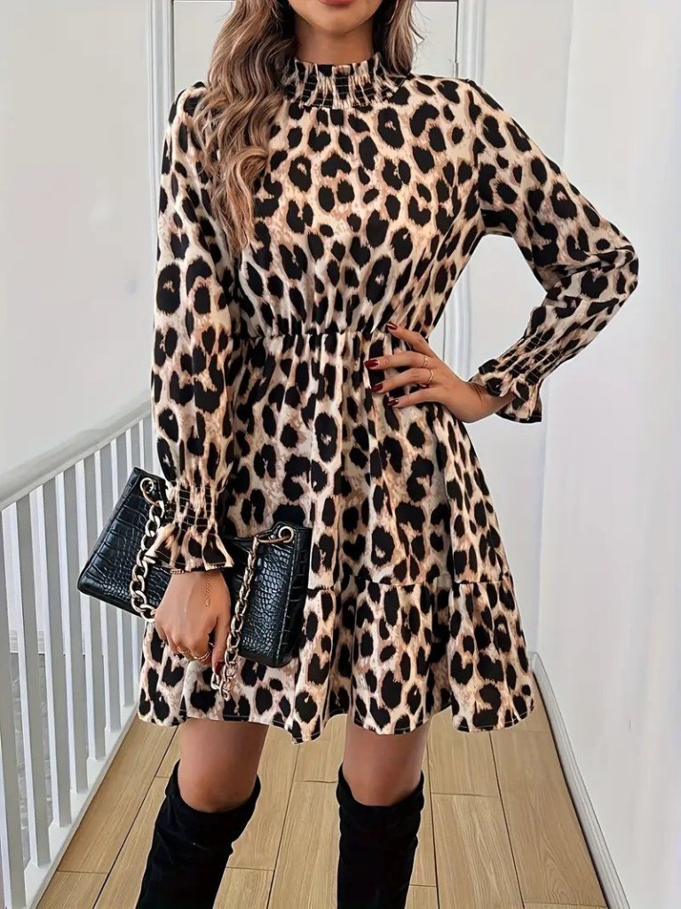 Kadın Uzun Kollu Yarı Balıkçı Yaka Leopar Desenli Modal Mini Elbise - Görsel 2