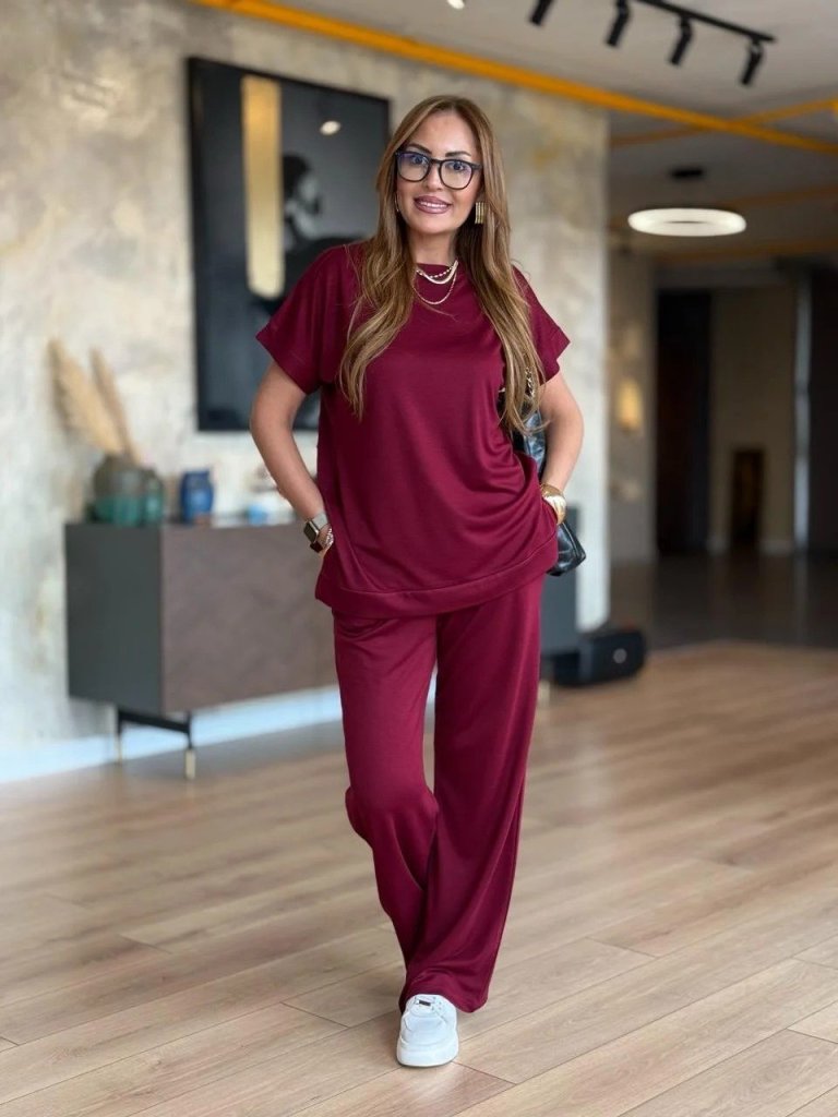 Kadın Kısa Kollu Bisiklet Yaka Viskon Iki Iplik Bluz Ve Pantolon Ikili Takım - Görsel 6