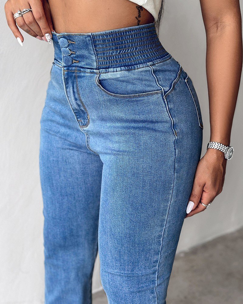 Kadın Yüksek Bel Yanları Lastik önü Düğmeli Kot Pantolon - Görsel 8