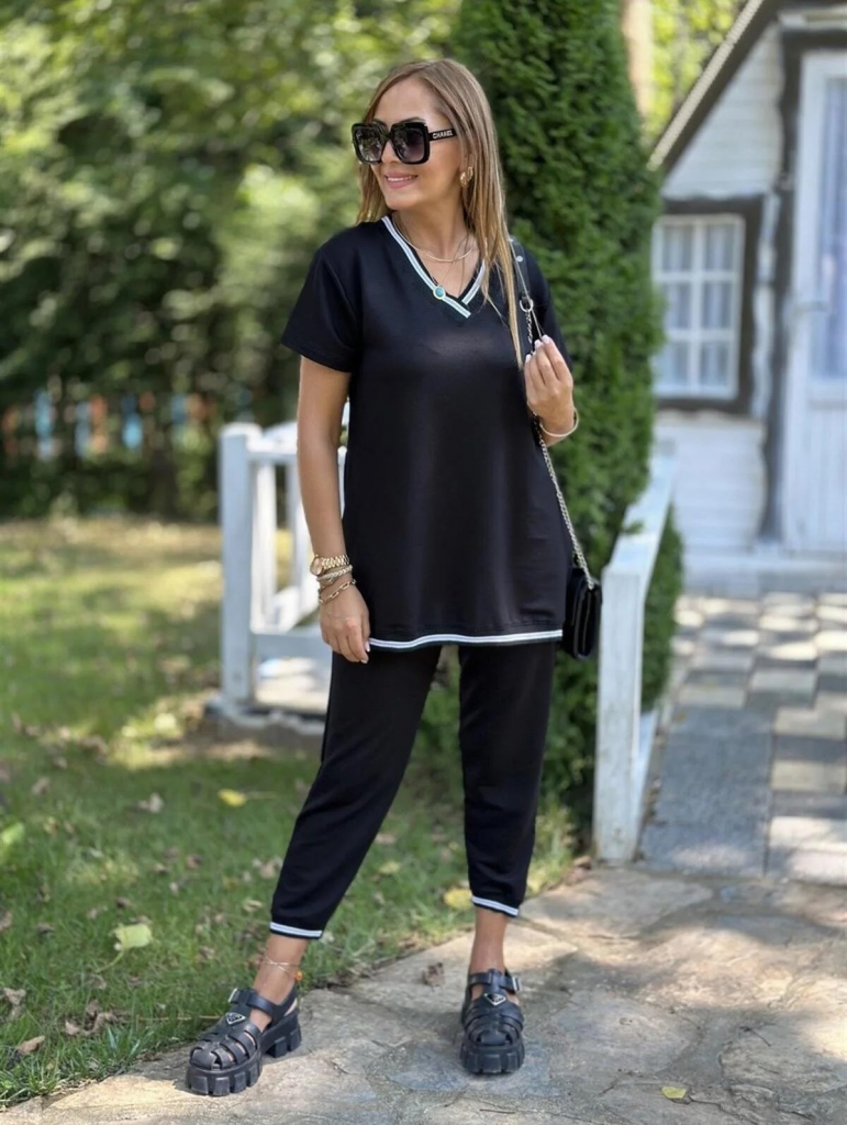 Kadın Kısa Kollu V Yakalı Iki Iplik Bluz Ve Pantolon Ikili Takım - Görsel 4