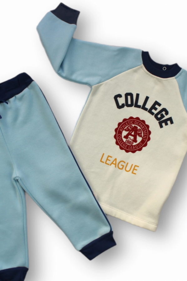 9-12 12-18 18-24 24-36 Ay College Baskılı 3 İplik Kumaş Uzun Kollu Sweatli 2li Erkek Bebek Takımı Mavi