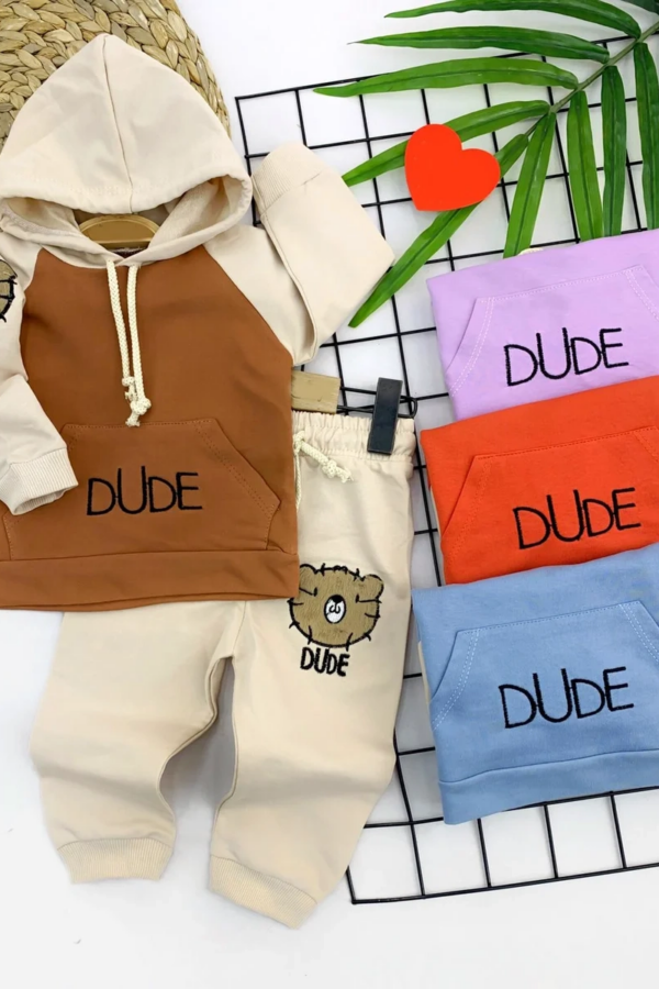 9-12-18-24 Ay Dude Kedi Nakışlı Kapşonlu 2li Kız Erkek Bebek Takımı