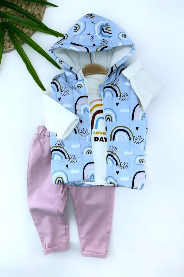 9-12-18-24 Ay Kapşonlu Fermuarlı Baskılı Şişme Yelek Sweat Pantolonlu 3lü Kız Erkek Bebek Takımı