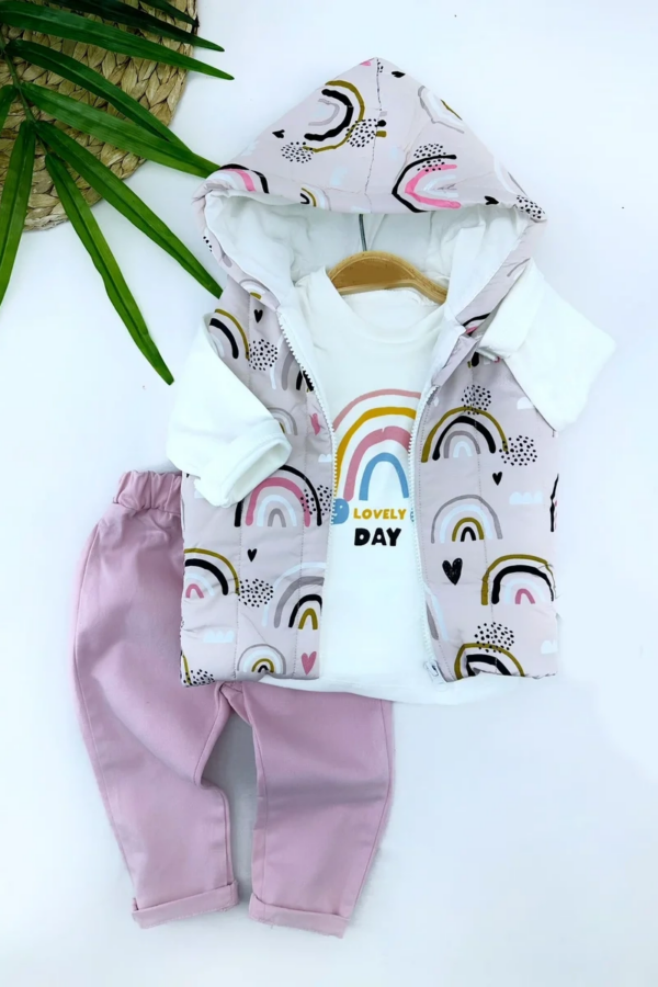 9-12-18-24 Ay Kapşonlu Fermuarlı Baskılı Şişme Yelek Sweat Pantolonlu 3lü Kız Erkek Bebek Takımı