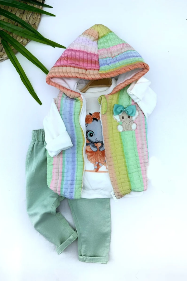 9-12-18-24 Ay Kapşonlu Fermuarlı Gökkuşağı Şişme Yelek Sweat Pantolonlu 3lü Kız Erkek Bebek Takımı