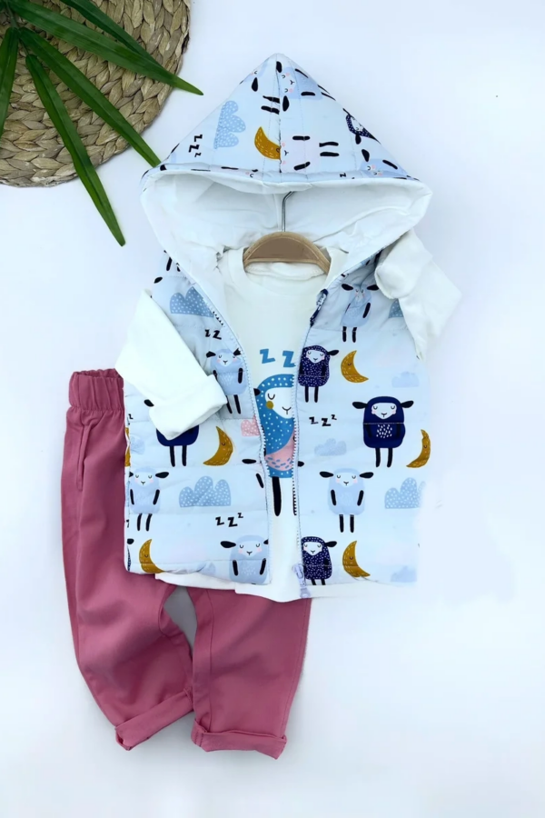 9-12-18-24 Ay Kapşonlu Fermuarlı Kuzucuk Şişme Yelek Sweat Pantolonlu 3lü Kız Erkek Bebek Takımı