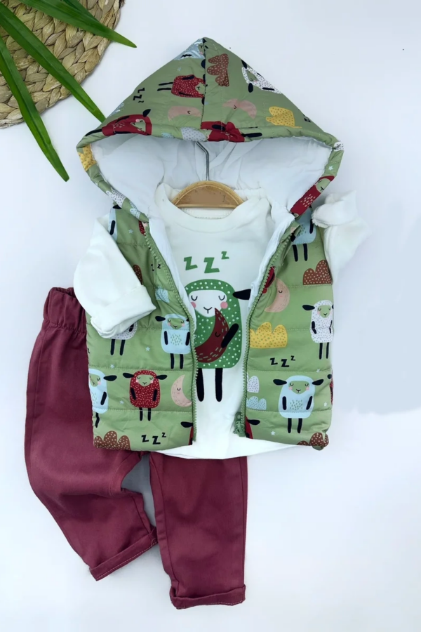 9-12-18-24 Ay Kapşonlu Fermuarlı Kuzucuk Şişme Yelek Sweat Pantolonlu 3lü Kız Erkek Bebek Takımı