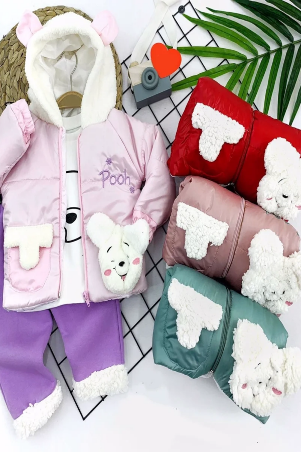 9-12-18-24 Ay Kapşonlu Fermuarlı Mont Pantolon Uzun Kollu Sweatli 3lü Kız Bebek Takımı