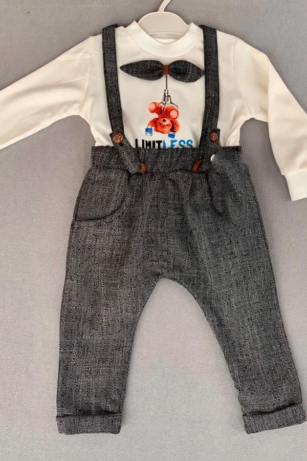 9-12-18 Ay Papyonlu Sweat Kot Pantolon 2li Erkek Bebek Salopet Takımı