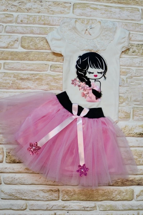 9-12-18 Ay Saçı Örgülü Kız Nakışlı Kurdelalı Kısa Kollu Tütü Etek 2li Kız Bebek Takımı Lila