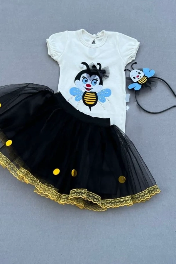 9-12-18 Ay Taçlı Arı Desenli Tişörtlü Tütü Etekli 2li Kız Bebek Takımı