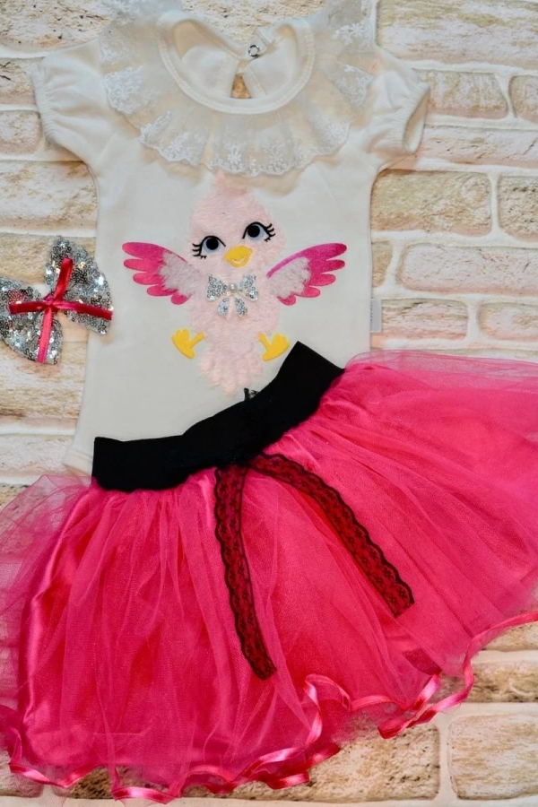 9-12-18 Ay Toka Hediyeli Kuş Desenli Tişört Tütü Etek 2li Kız Bebek Takımı Fuşya