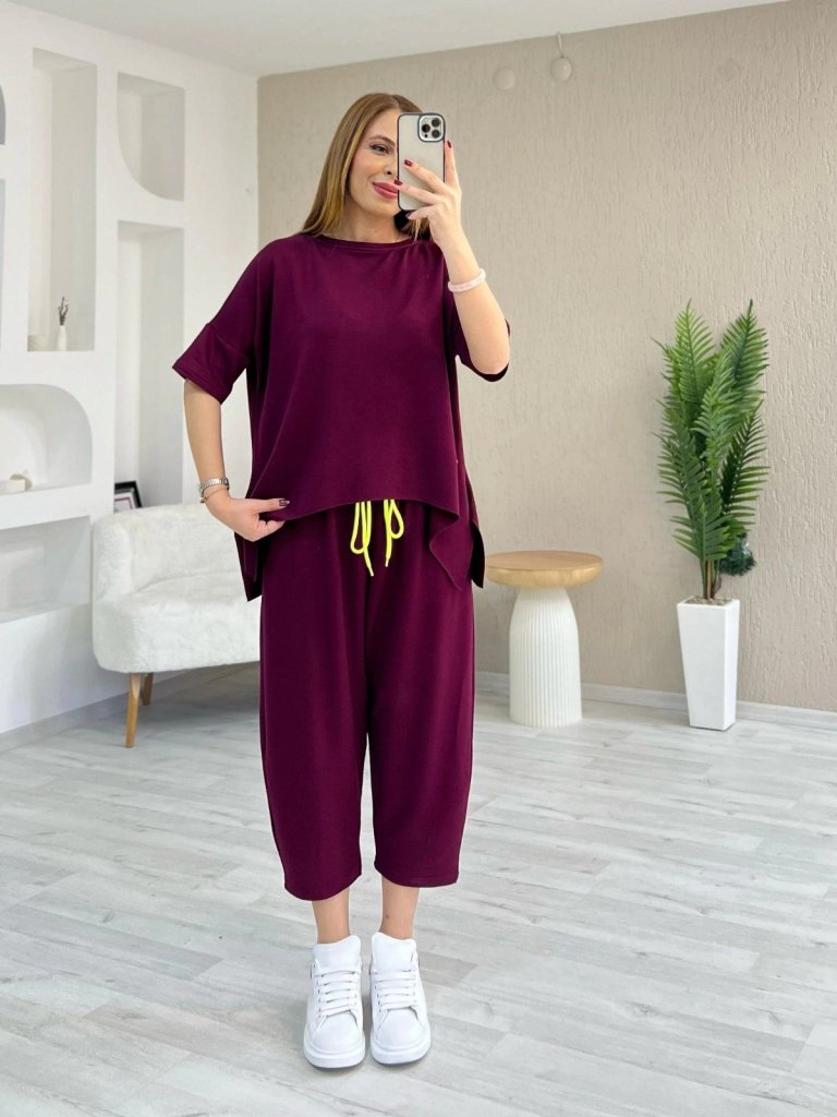 Kadın Kısa Kollu Bisiklet Yaka Viskon Iki Iplik Bluz Ve Pantolon Ikili Takım - Görsel 4