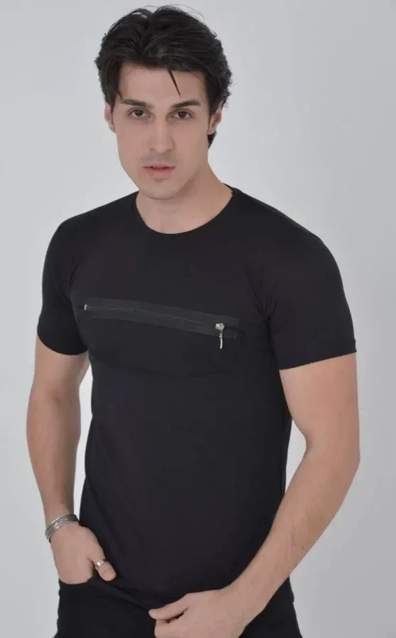 Erkek Göğüste Fermuar Aksesuarlı Dar Kalıp T-Shirt - Siyah