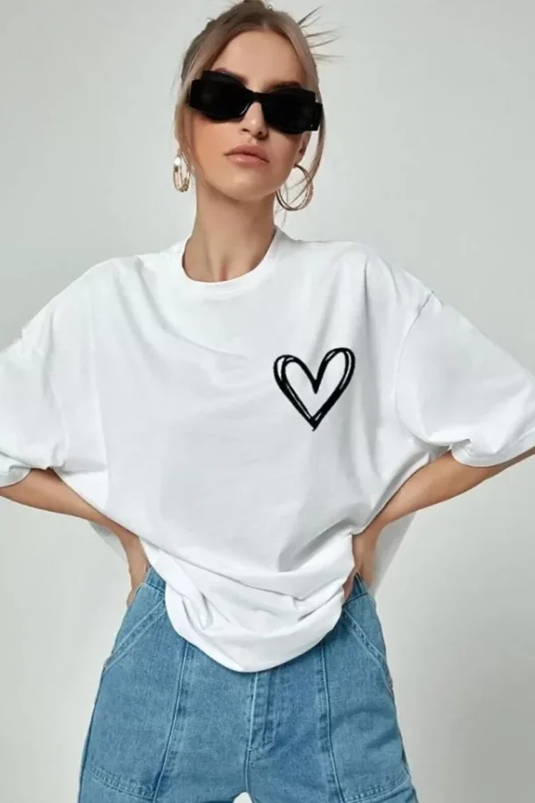 Bisiklet Yaka Baskılı Oversize T-Shirt - Beyaz