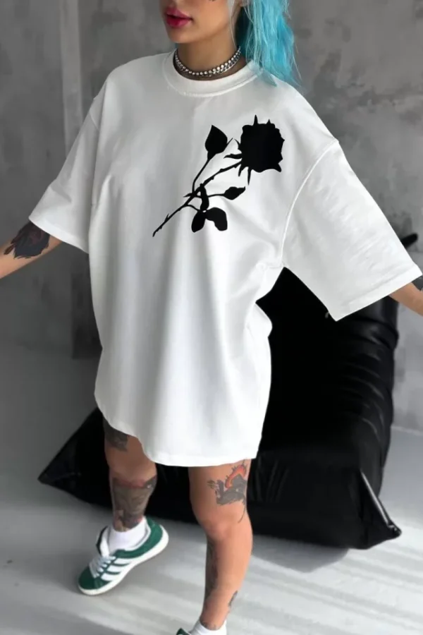 Unisex Bisiklet Yaka Baskılı Oversize T-Shirt - Beyaz